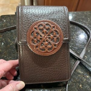 Brighton Ferrara Daytime Brown Leather Phone Crossbody Bag with Intricate Design